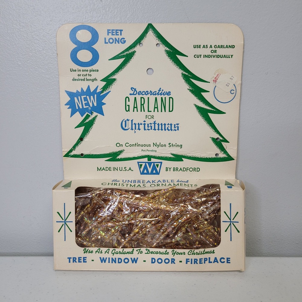 Vintage Bradford Gold Icicle Christmas Garland 8ft Unbreakable Ornaments‎ USA